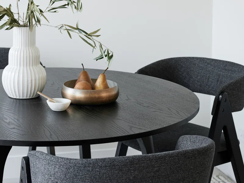 Oslo 5PCE Hardwood Round Dining Set | Black | Charcoal Fabric