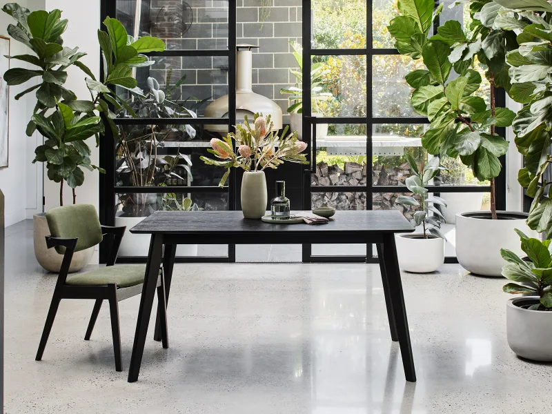 Cannes 7PCE Hardwood Black Dining Set | Green Fabric
