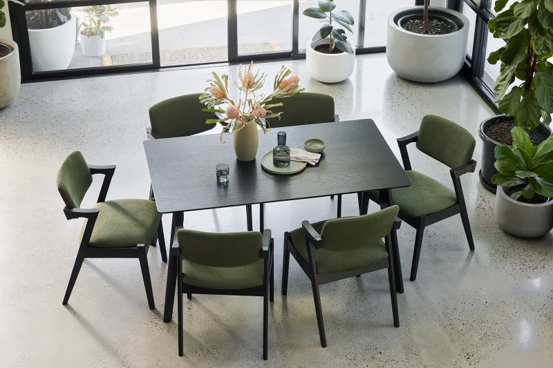 Cannes 7PCE Hardwood Black Dining Set | Green Fabric
