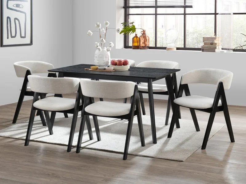 Cannes 7PCE Hardwood Black Dining Set | Beige Fabric