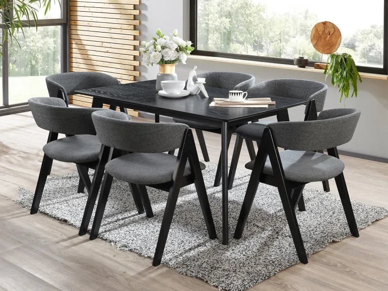 Cannes 7PCE Hardwood Black Dining Set | Charcoal Fabric