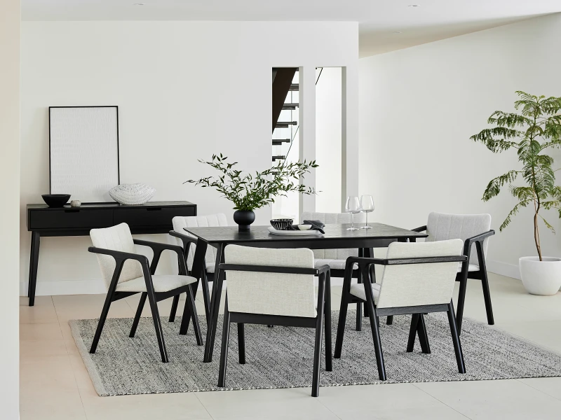 Elm 7PCE Black Hardwood Dining Set | Beige Fabric