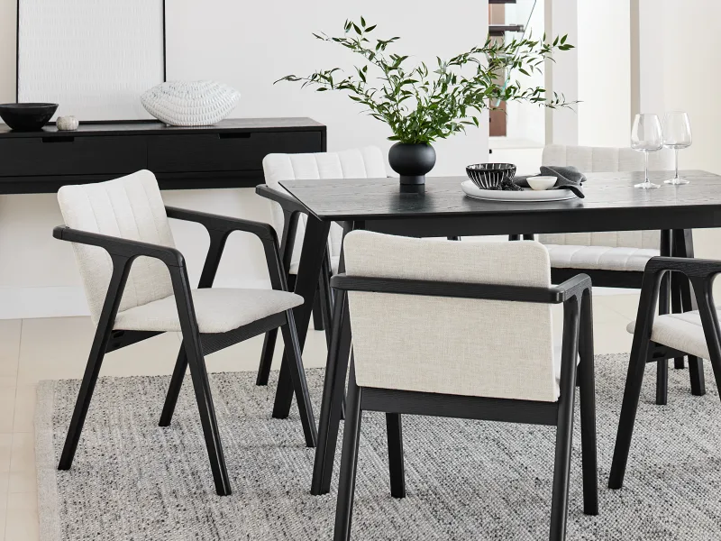 Elm 7PCE Black Hardwood Dining Set | Beige Fabric