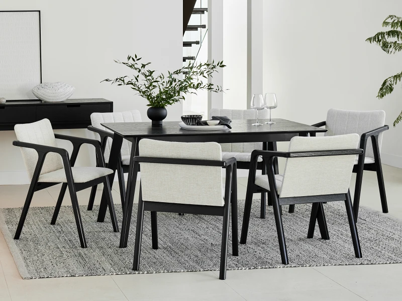 Elm 7PCE Black Hardwood Dining Set | Beige Fabric
