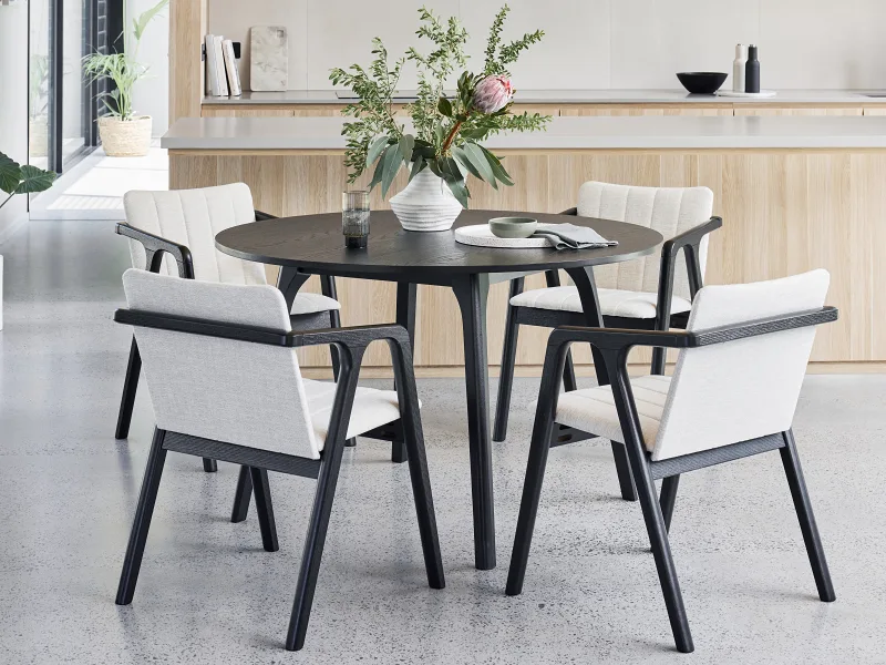 Elm 5PCE Black Hardwood Round Dining Set | Beige Fabric