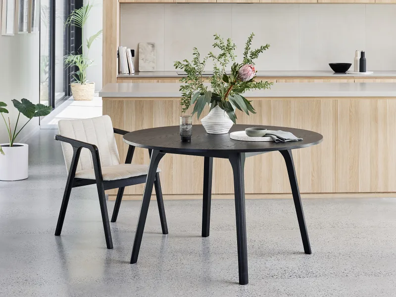 Elm 5PCE Black Hardwood Round Dining Set | Beige Fabric