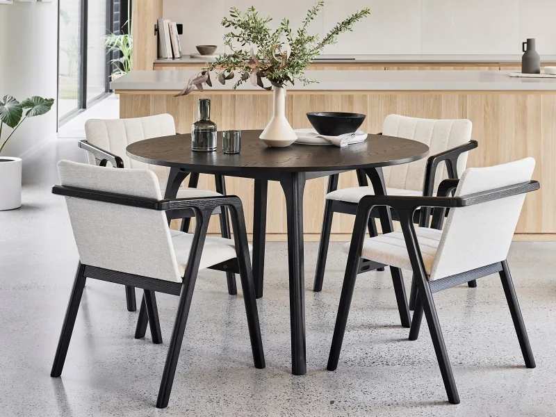 Elm 5PCE Black Hardwood Round Dining Set | Beige Fabric