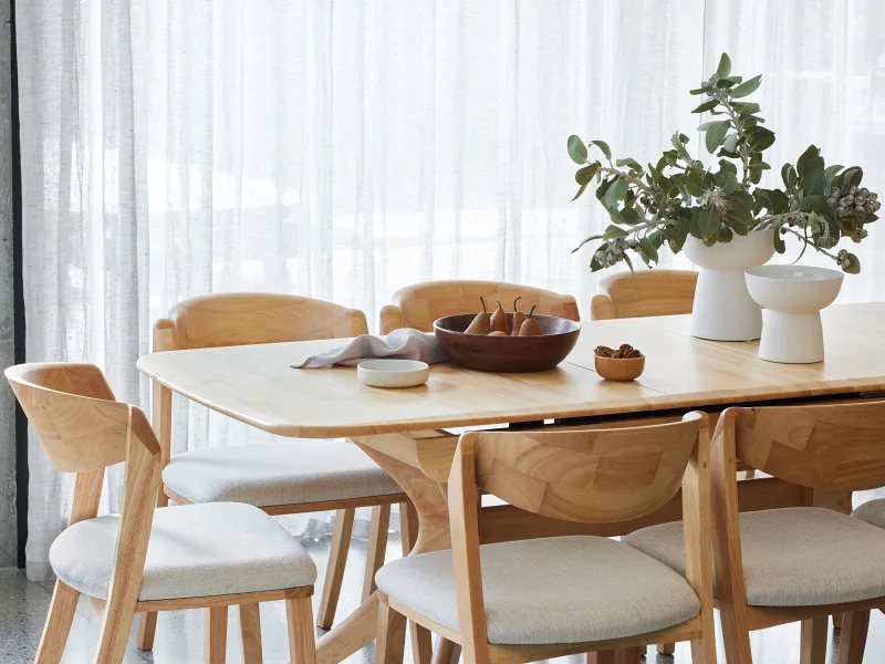 Villa 7PCE Natural Hardwood Extendable Dining Set | Beige Fabric