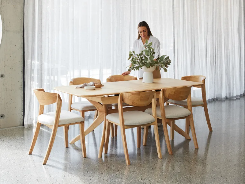 Villa 7PCE Natural Hardwood Extendable Dining Set | Beige Fabric