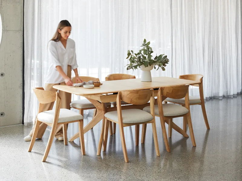 Villa 7PCE Natural Hardwood Extendable Dining Set | Beige Fabric