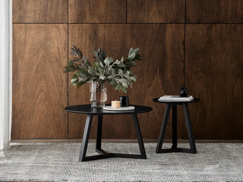 Cannes 2PCE Round Hardwood Coffee and Side Table Set | Black