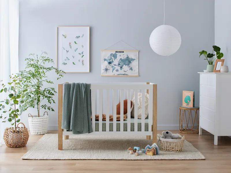 Aster Hardwood Convertible Baby Cot | White & Natural