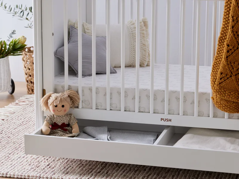 Banksia Hardwood Baby Cot with Storage | White