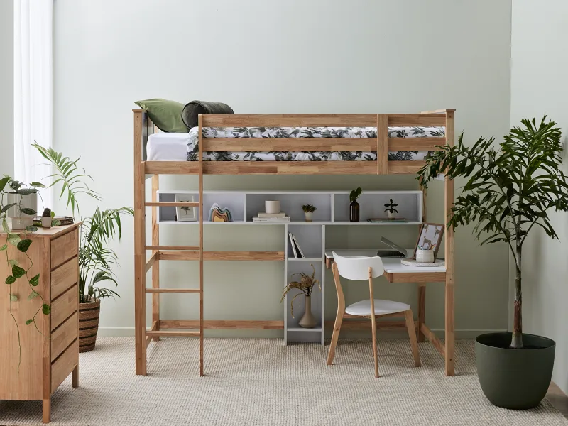 Buddy King Single Loft Bed with Desk and Shelves | Natural Hardwood Frame