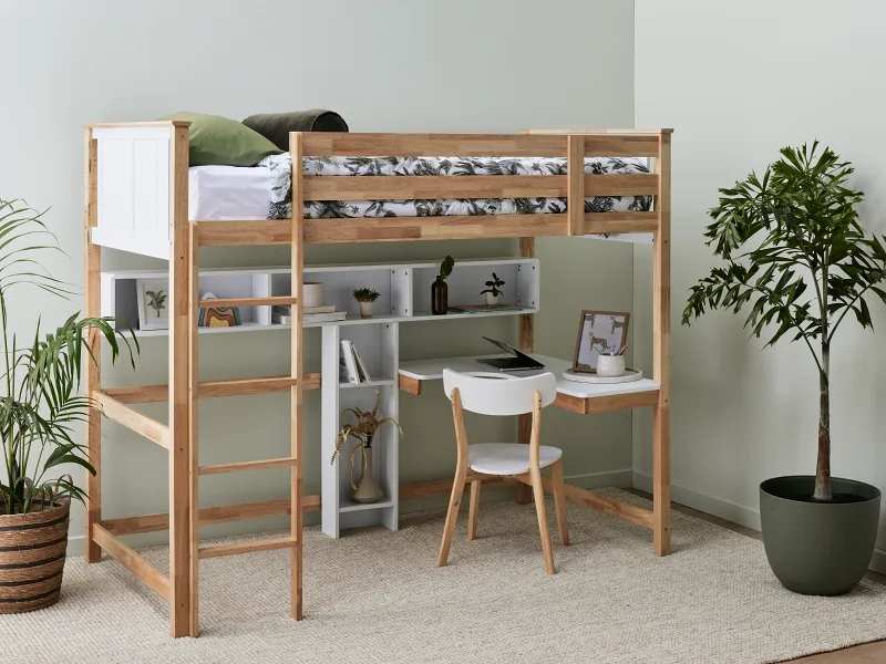 Buddy King Single Loft Bed with Desk and Shelves | Natural Hardwood Frame