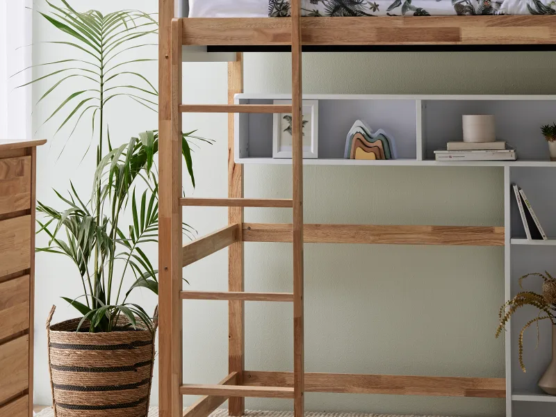 Buddy King Single Loft Bed with Desk and Shelves | Natural Hardwood Frame