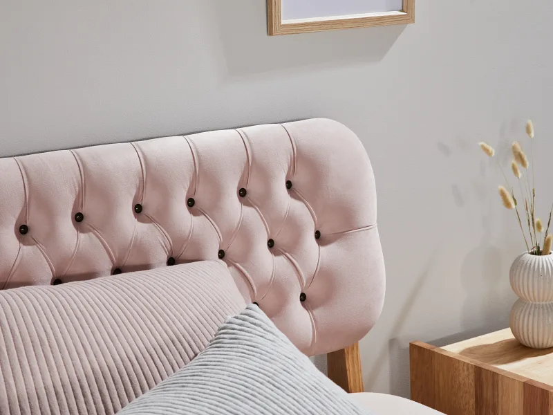 Halo Double Bed Frame | Natural Hardwood | Pink Fabric