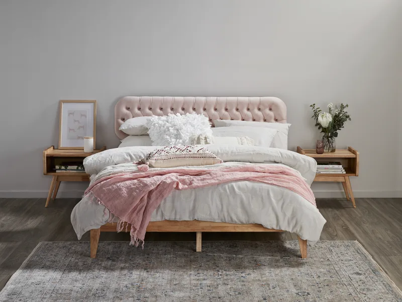 Halo Double Bed Frame | Natural Hardwood | Pink Fabric