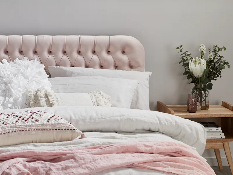 Halo Double Bed Frame | Natural Hardwood | Pink Fabric