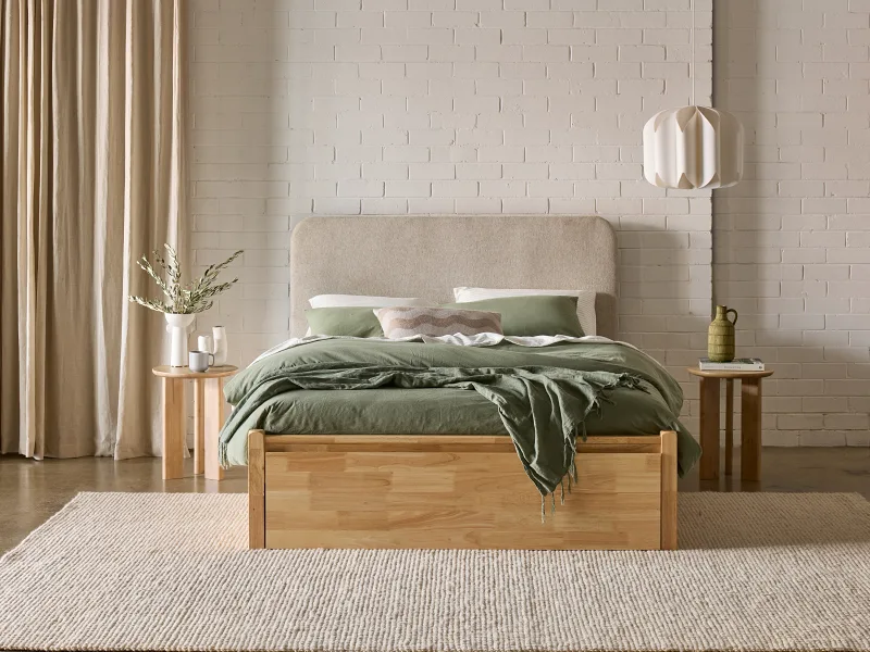 Hideaway Hardwood Queen Size Bed with Storage | Natural | Beige Fabric