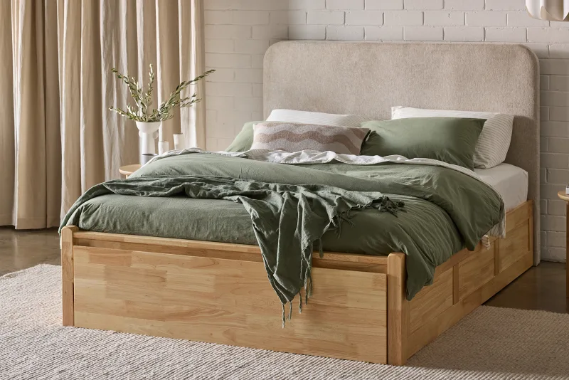 Hideaway Hardwood Queen Size Bed with Storage | Natural | Beige Fabric