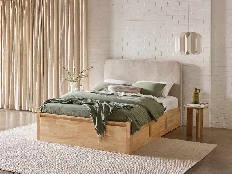 Hideaway Hardwood Queen Size Bed with Storage | Natural | Beige Fabric