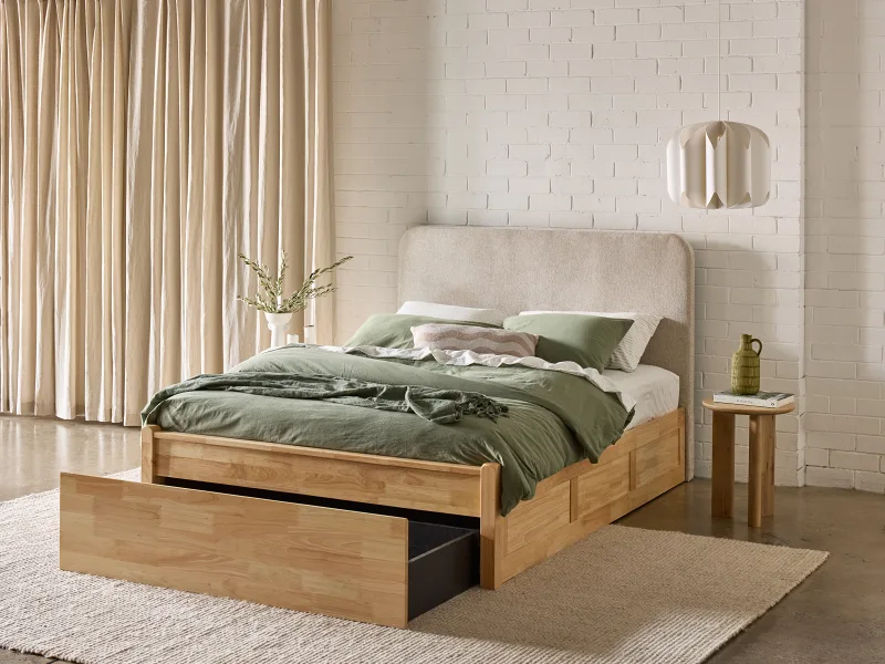 Hideaway Hardwood Queen Size Bed with Storage | Natural | Beige Fabric