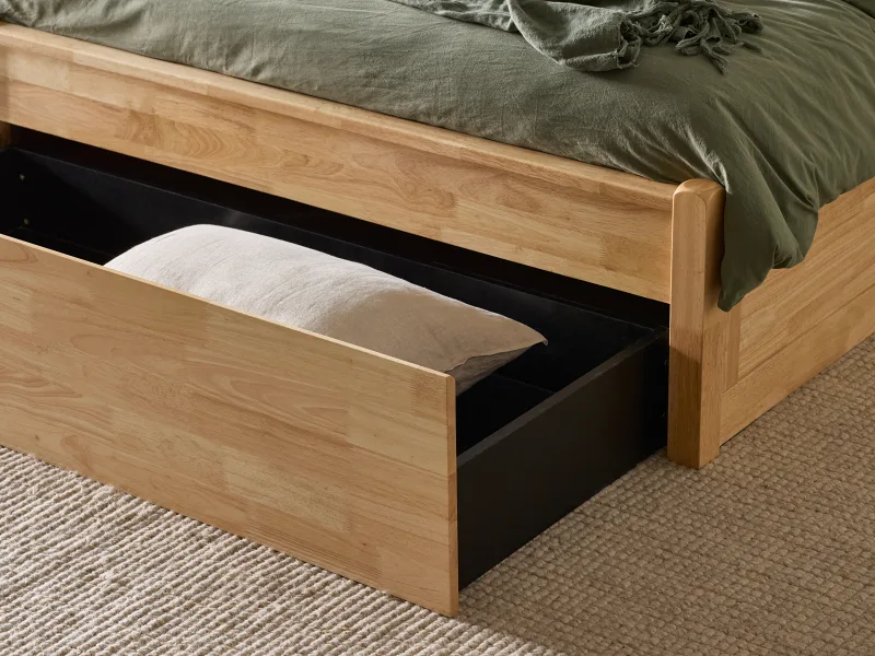 Hideaway Hardwood Queen Size Bed with Storage | Natural | Beige Fabric