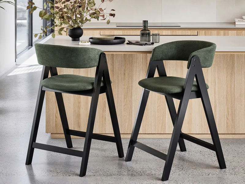 Gaudi Hardwood Counter Bar Stool | Black | Green Fabric