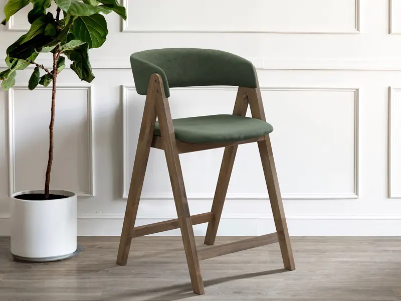 Gaudi Hardwood Counter Bar Stool | Rustic Walnut | Green Fabric