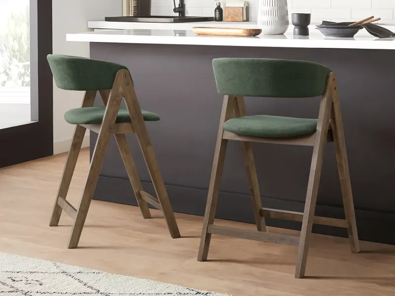 Gaudi Hardwood Counter Bar Stool | Rustic Walnut | Green Fabric