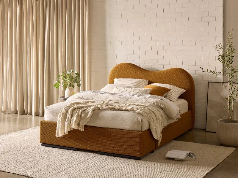 Amber Queen Storage Bed | Mustard Waffle Fabric
