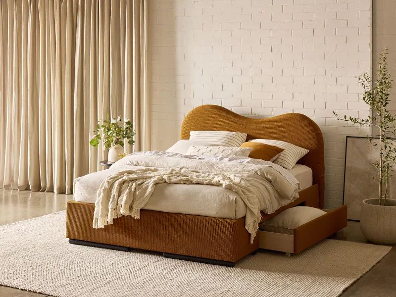 Amber Queen Storage Bed | Mustard Waffle Fabric