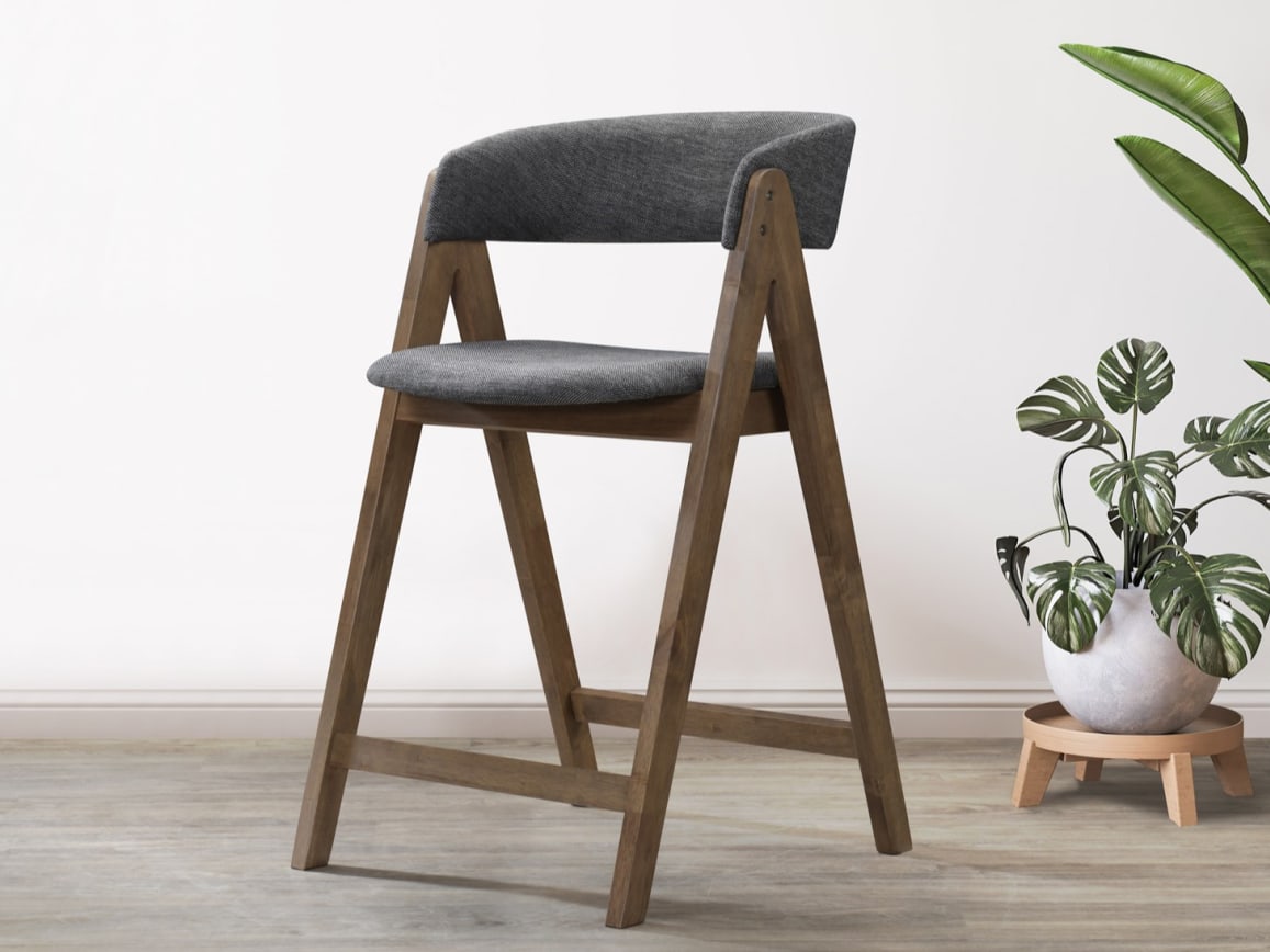 Gaudi Hardwood Counter Bar Stool | Rustic Walnut | Charcoal Fabric