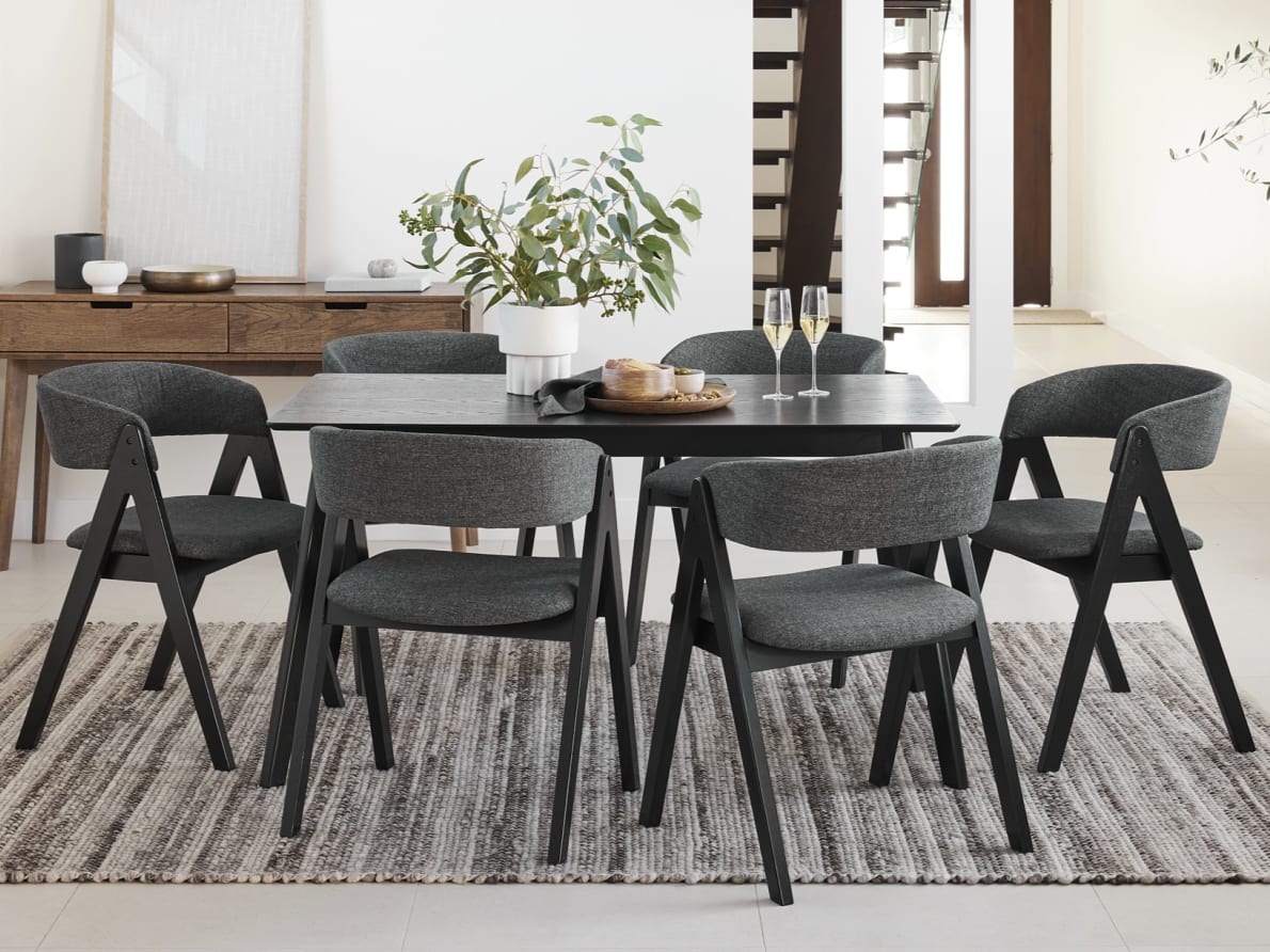 Cannes 7PCE Hardwood Black Dining Set | Charcoal Fabric