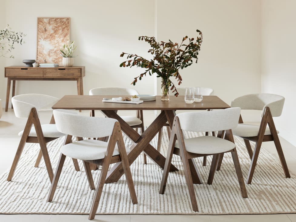 Gaudi 7PCE Hardwood Dining Set | Rustic Walnut | Beige Fabric