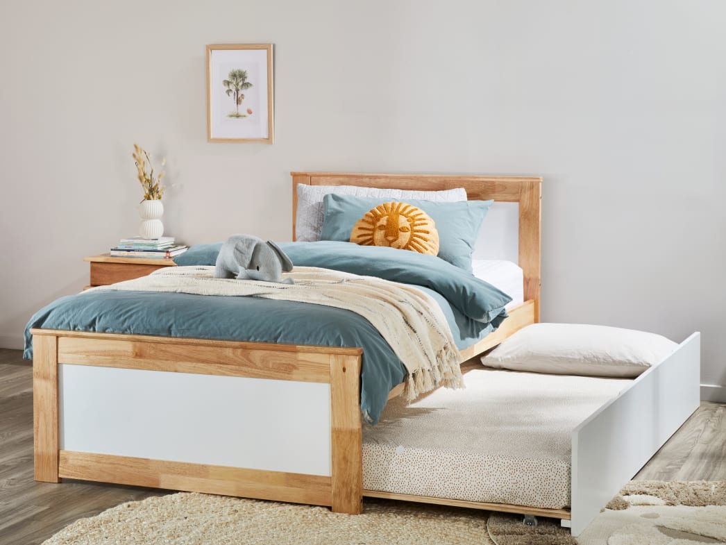 Coco Single Bed with Trundle | Natural Hardwood Frame