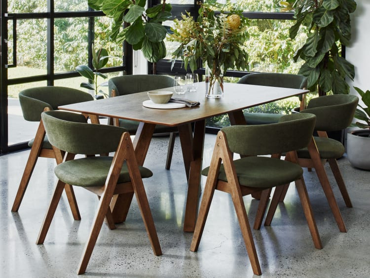 Gaudi 7PCE Hardwood Dining Set | Rustic Walnut | Green