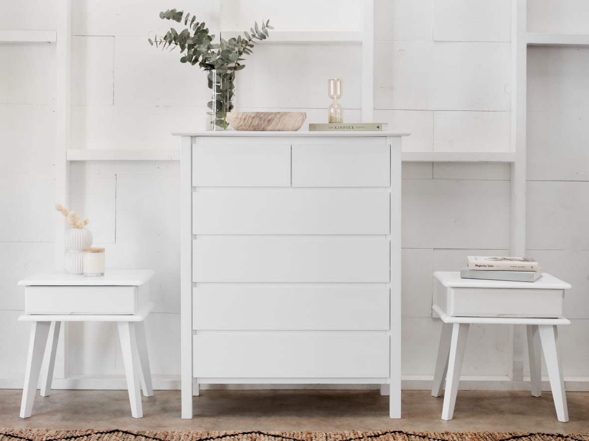 Ari 3PCE White Tallboy & Bedside Tables Set 