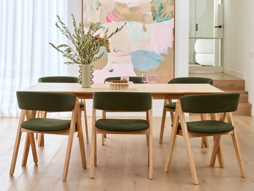 Gaudi 7PCE Natural Hardwood Dining Set | Green Fabric