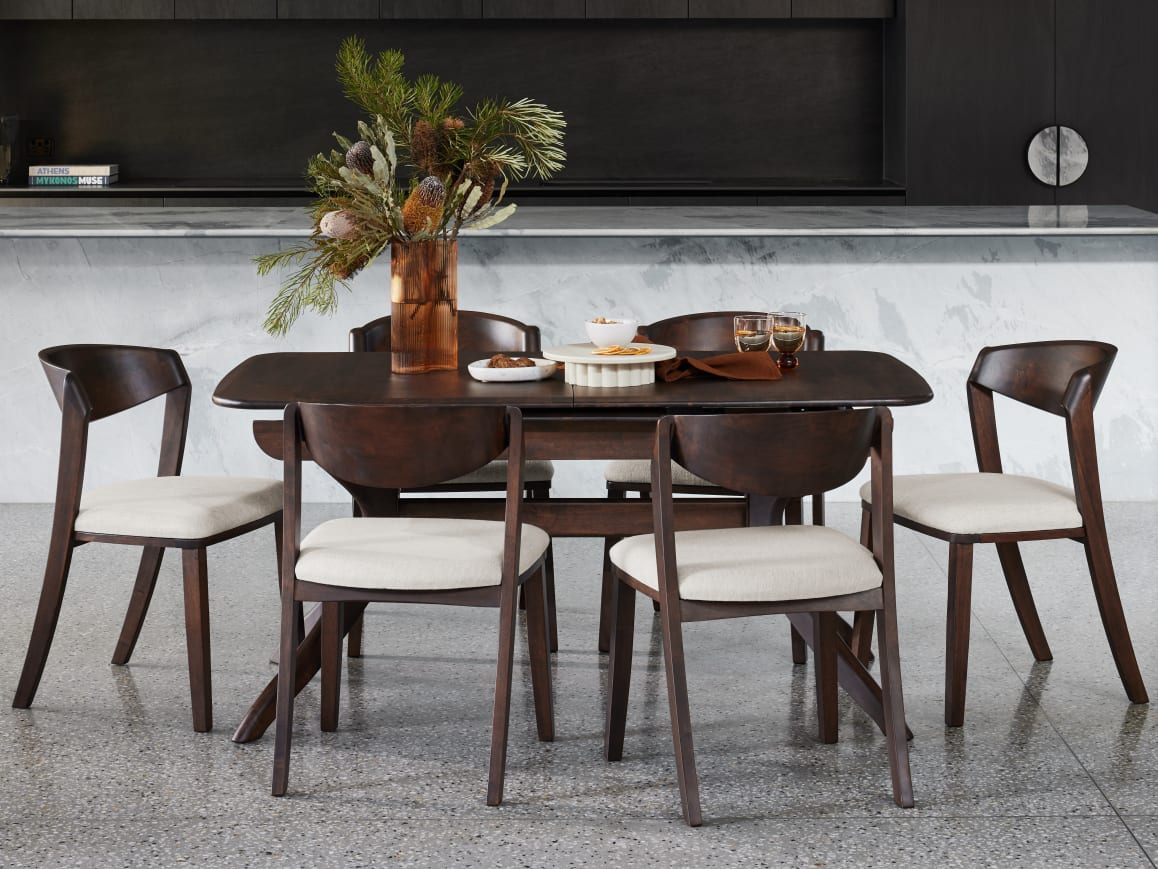 Villa 7PCE Hardwood Extendable Dining Set | Arabica Walnut | Beige Fabric