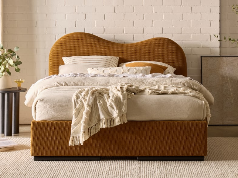 Amber Queen Storage Bed | Mustard Waffle Fabric