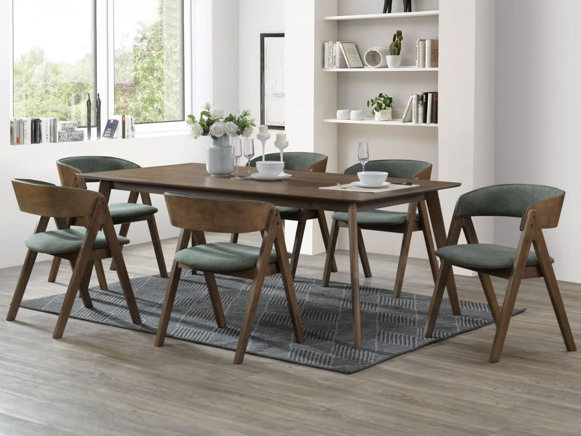 Gaudo 7PCE Hardwood Dining Set | Rustic Walnut | Green Fabric