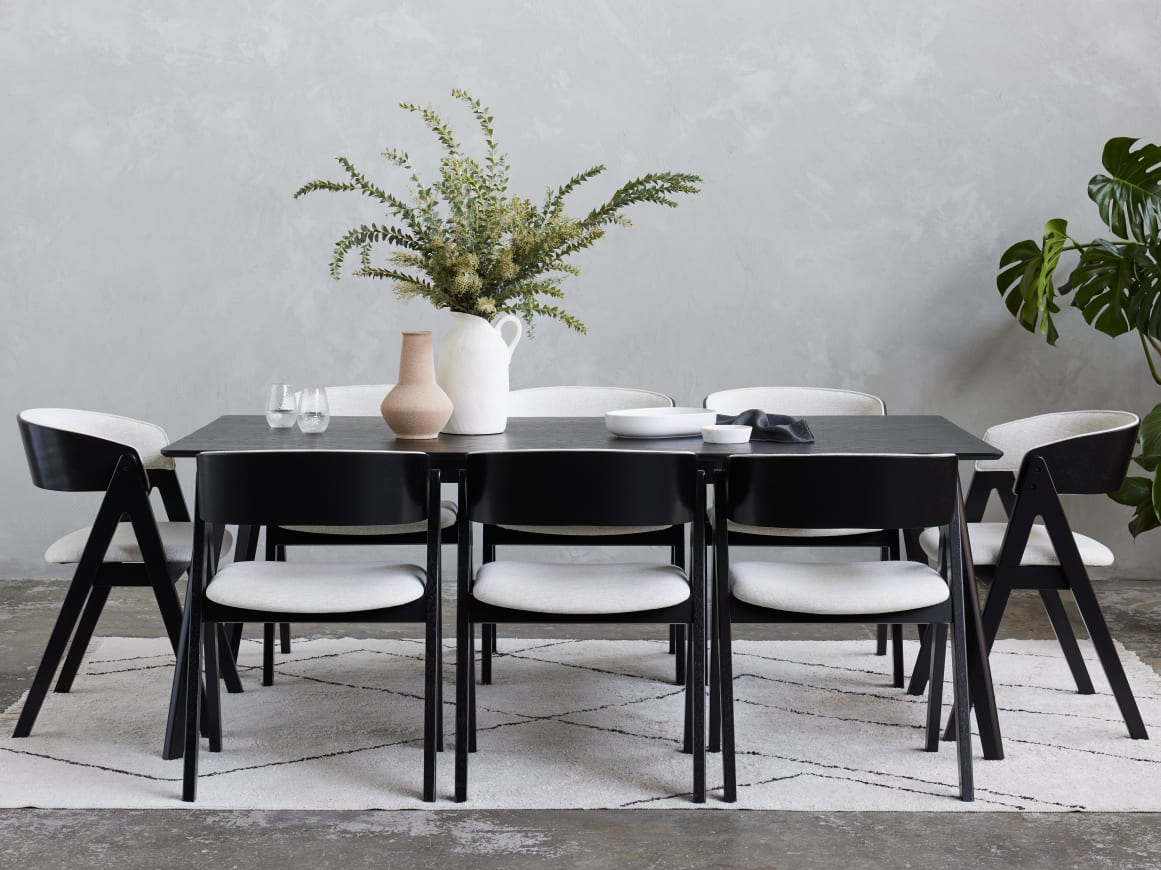 Gaudo 9PCE Hardwood Dining Set | Black | Beige Fabric