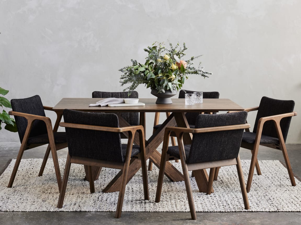 Cruz 7PCE Hardwood Dining Set | Rustic Walnut | Black Fabric