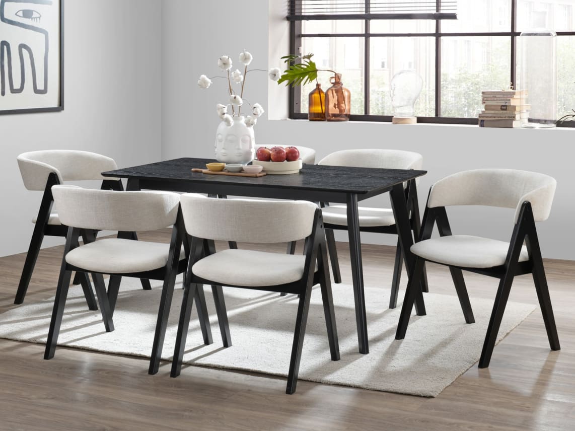 Cannes 7PCE Hardwood Black Dining Set | Beige Fabric
