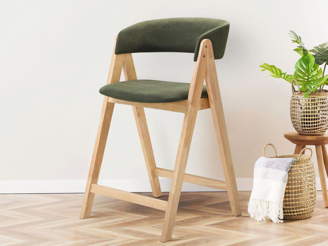 Gaudi Hardwood Counter Bar Stool | Natural | Green Fabric