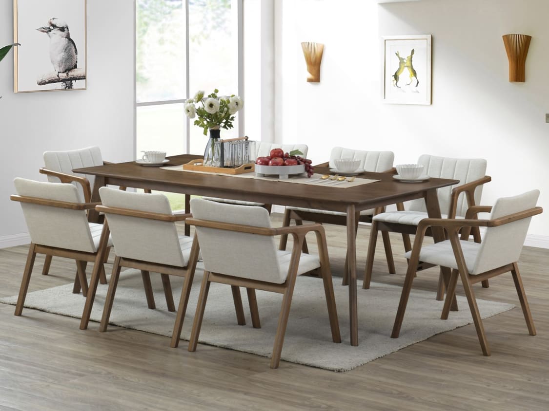 Elm 9PCE Hardwood Dining Set | Rustic Walnut & Beige Fabric