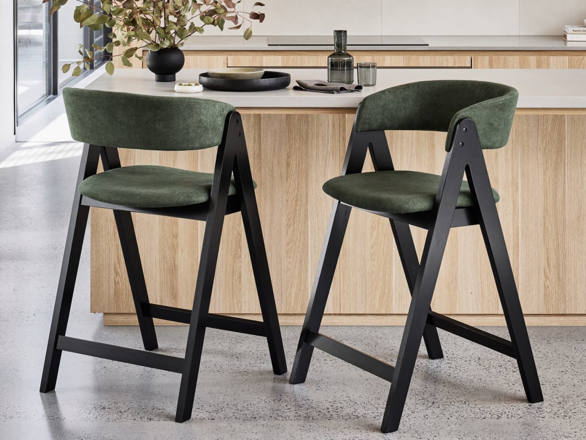 Gaudi Hardwood Counter Bar Stool | Black | Green Fabric