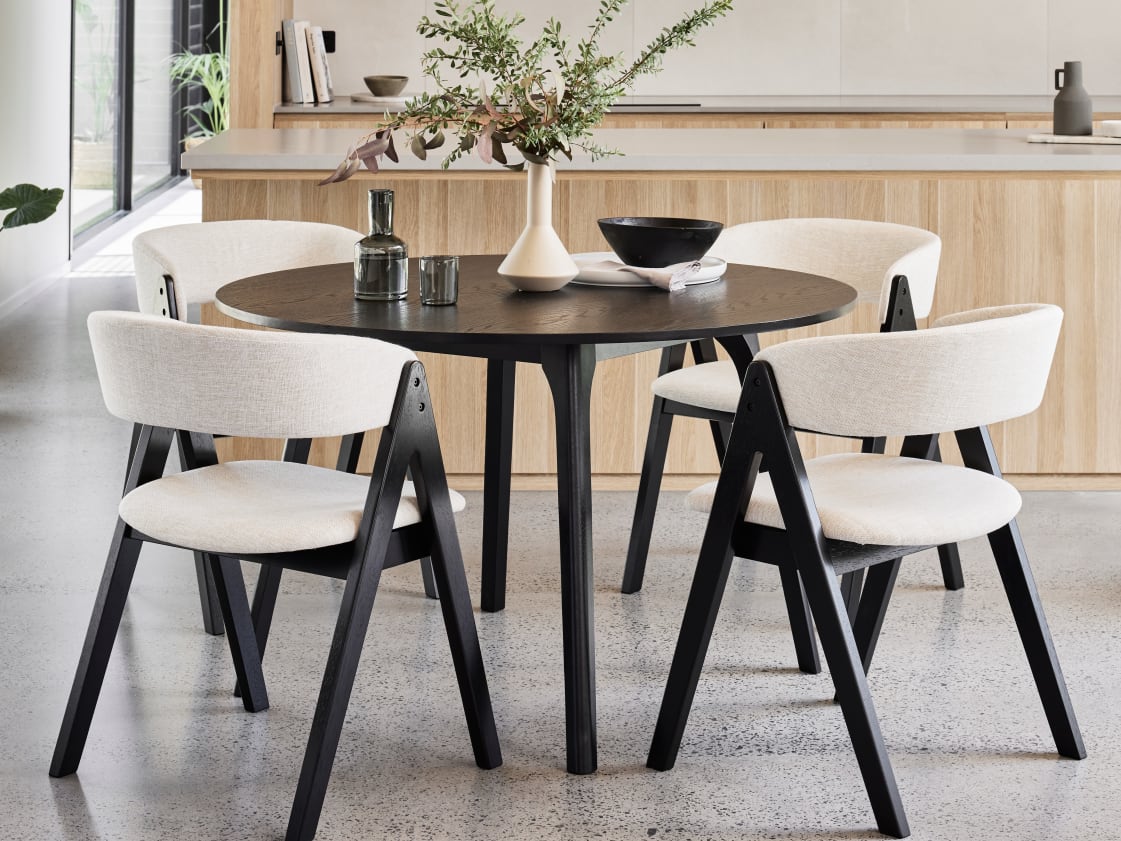 Oslo 5PCE Hardwood Round Dining Set | Black | Beige Fabric